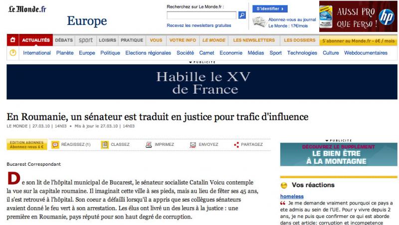 Cazul Voicu, in Le Monde: Isi imagina ca are Bucurestiul la picioare, dar colegii senatori l-au livrat justitiei