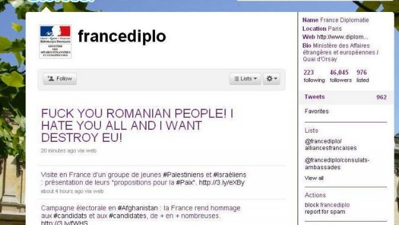 Mesaj antiromanesc pe contul Ministerului de Externe francez