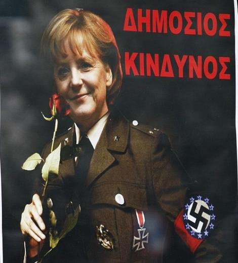 FOTO! Grecii ironizeaza guvernul german: Angela Merkel, soldat in trupele SS