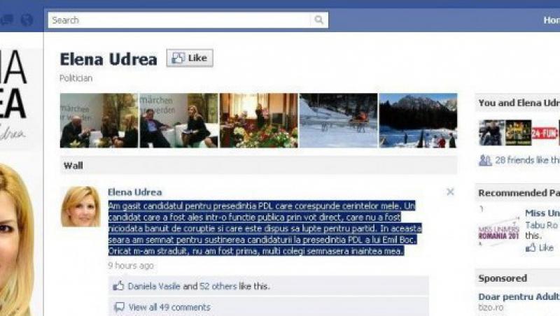Udrea anunta pe Twitter si Facebook ca il sustine pe Boc la presedintia PDL