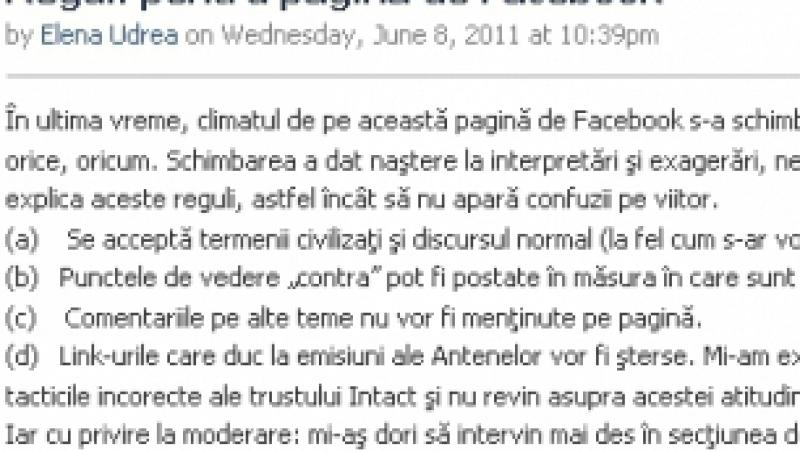 Elena Udrea cenzureaza comentariile neargumentate pe pagina proprie de Facebook