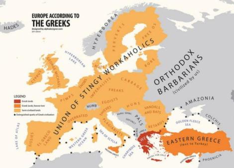 Europa, in viziunea grecilor: Bulgarii - retardati, romanii - vandali, italienii - plagiatori. Vezi harta completa!