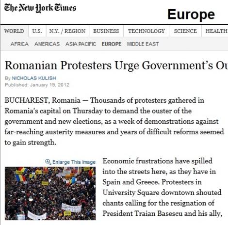 The New York Times: Frustrarile economice s-au revarsat pe strazi in Romania, la fel ca in Spania si Grecia
