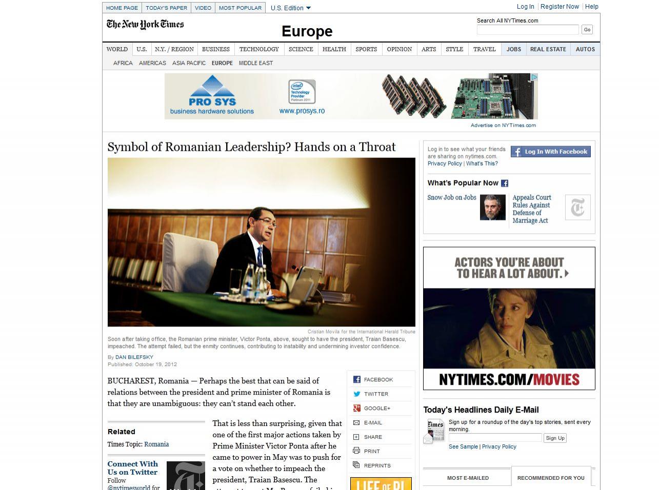 New York Times: Lupta politica din Romania lasa acest stat balcanic sarac sa pluteasca in deriva