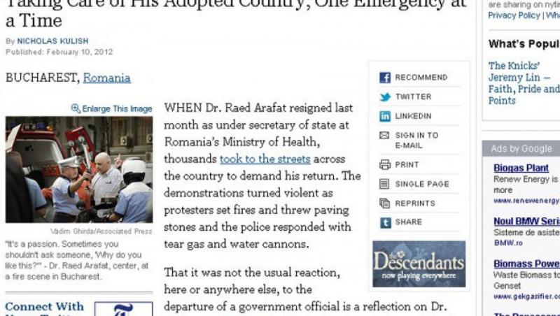 New York Times: Raed Arafat are grija de tara sa adoptiva