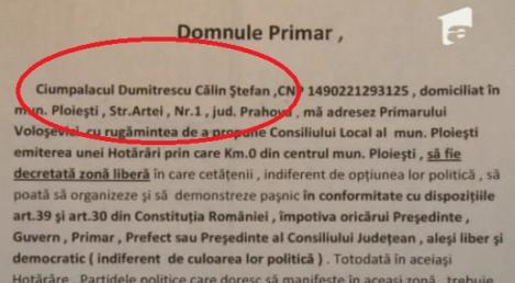 "Catre ciumpalacul Dumitrescu Calin", in scrisoarea trimisa de Primaria Ploiesti unui protestatar