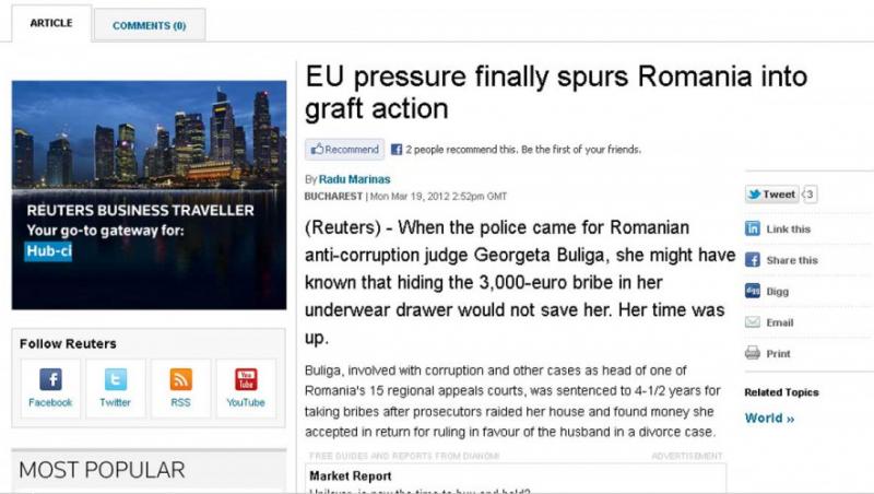 Reuters: Romania pare ca devine serioasa impotriva coruptiei