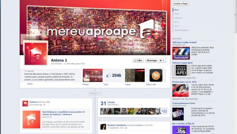 Pagina de facebook Antena 1 a depasit 200.000 de fani