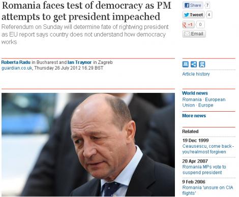 The Guardian, despre referendum: Romania, in fata unui test al democratiei