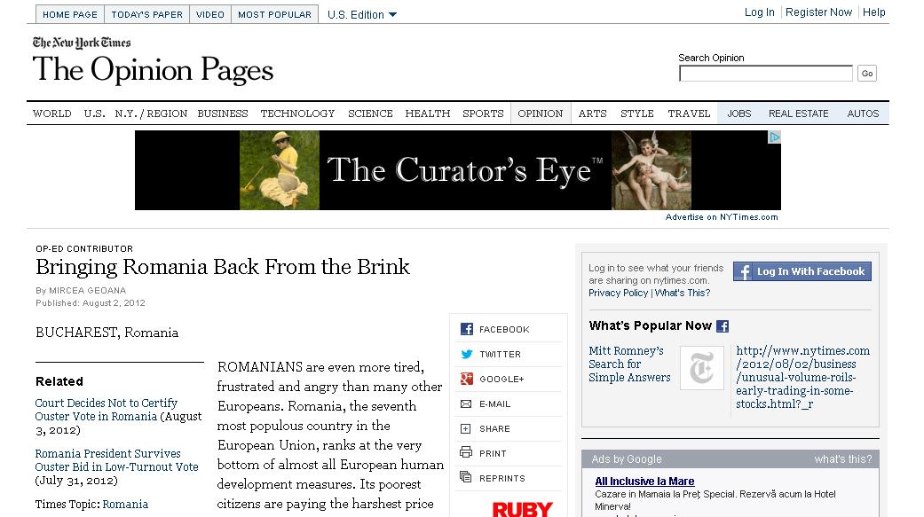 Mircea Geoana, editorialist NYT: "Reintoarcerea Romaniei de pe buza prapastiei"