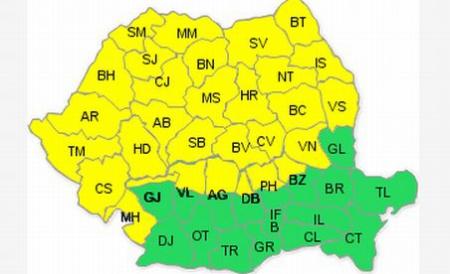 COD GALBEN de ninsori, valabil de maine dimineata: Judetele afectate
