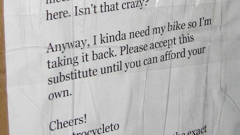 Si-a furat propria bicicleta si i-a lasat un mesaj surprinzator hotului