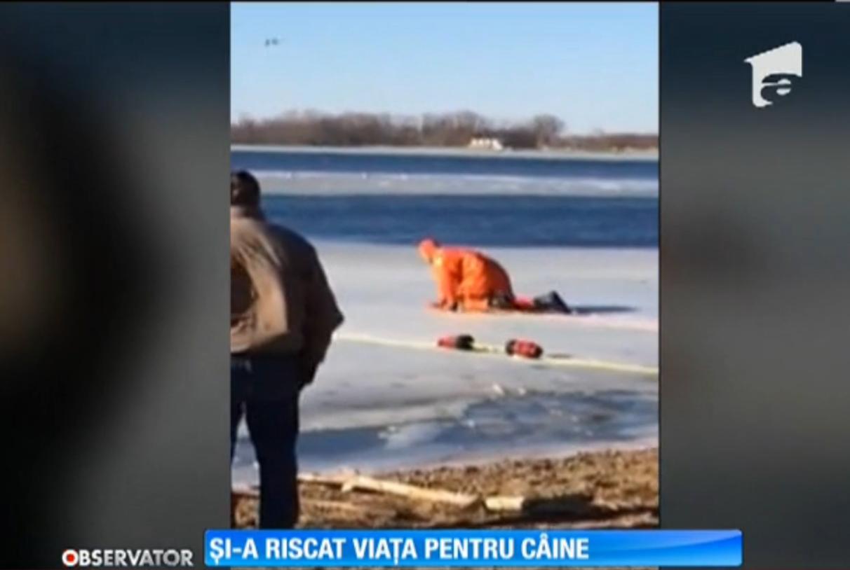 A căzut &icirc;ntr-un lac &icirc;ngheţat &icirc;ncerc&acirc;nd să-şi salveze c&acirc;inele