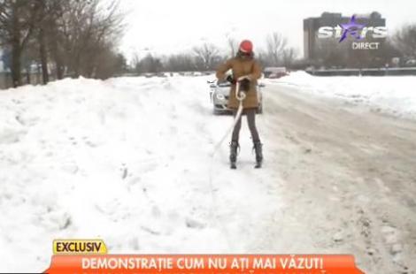 Exclusiv! Demonstraţie LIVE cum n-aţi mai văzut: Roxana Ciuhulescu şi-a pus schiurile şi s-a legat de maşină
