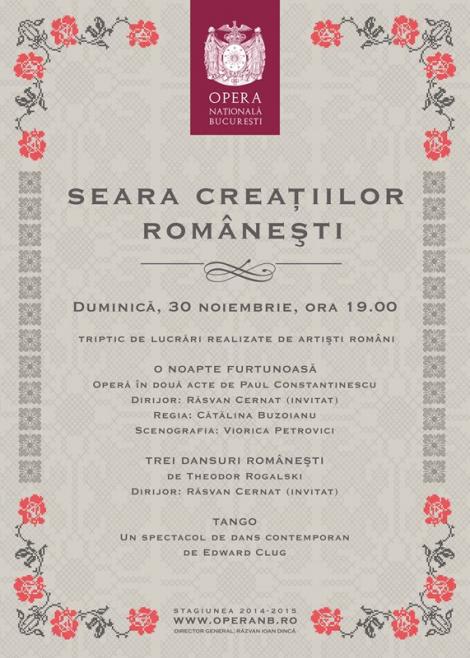 „Seara creațiilor românești" la Opera Națională București