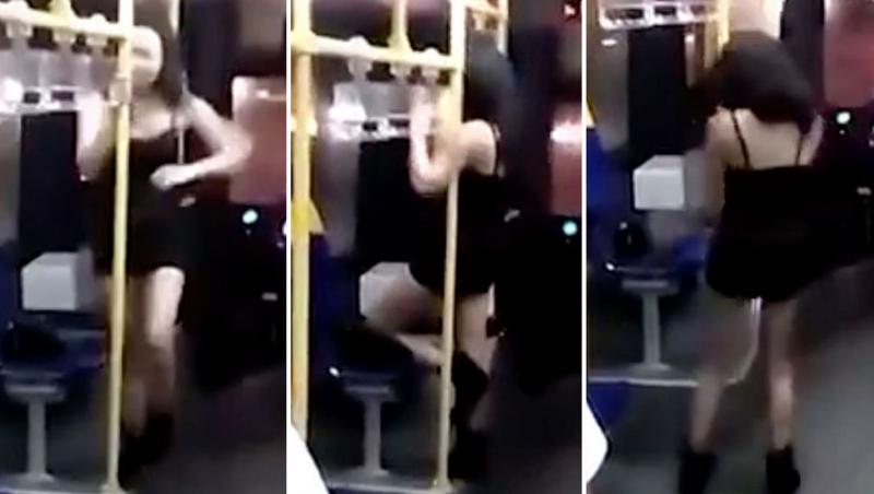 VIDEO: Mamăăă, ce mişcări! A oferit un dans incendiar la bară, în autobuz, în văzul tuturor! Călătorii au privit-o uluiţi