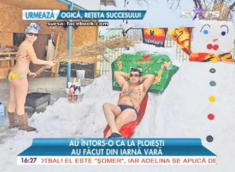 Credeai că le-ai văzut pe toate? O familie din Prahova a sfidat iarna şi s-a pozat în costum de baie, afară, lângă omul de zăpadă