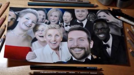 Faimosul selfie de la Oscaruri, desenat în creion