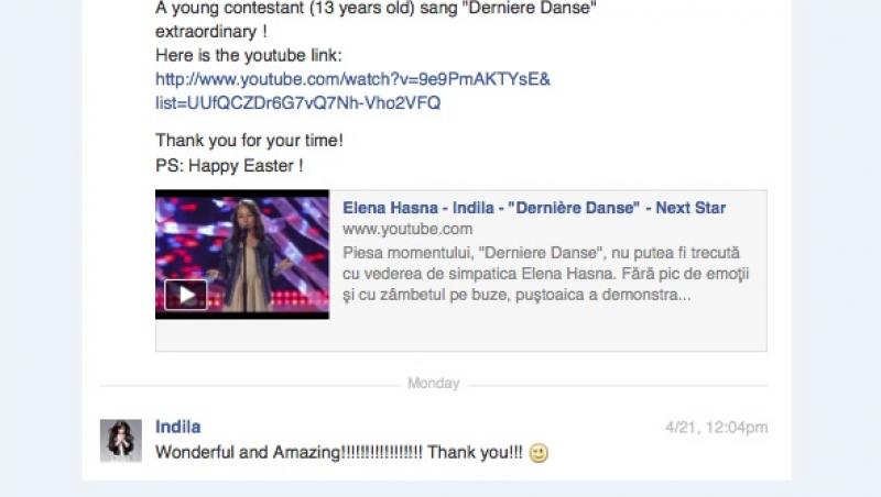 Indila i-a mulțumit Elenei Hasna pentru modul în care îi cântă melodia!
