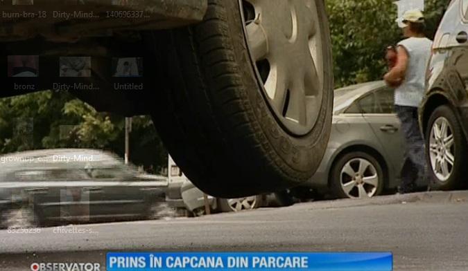 L-a &icirc;nghițit asfaltul! Un bucureștean și-a parcat maşina &icirc;ntr-o groapă uriaşă