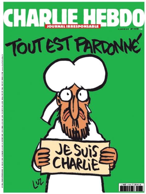 FOTO: Prima copertă CHARLIE HEBDO după atac!  "Totul este iertat" + Profetul Mahomed ce spune "Je Suis Charlie"