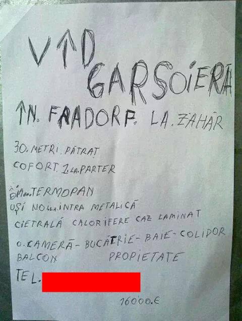 "VÎD GARSOIERĂ", cel mai tare mesaj văzut vreodată! Habar n-are să scrie, dar vrea să vândă cu orice preţ! Are "cetrală" şi e "cofort 1"