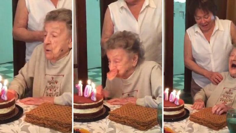 VIDEO! Momente SENZAŢIONALE pentru o bătrână de 102 ani! Ce s-a întâmplat când a suflat în lumânările de pe tort