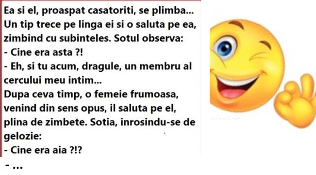 Bancul zilei! Ea și el, proaspăt căsătoriți, se plimbă, Un tip trece pe lângă ei și o salută pe ea, zâmbind cu subînțeles...