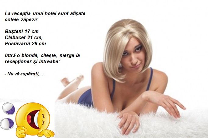 Bancul zilei! La recepția unui hotel sunt afișate cotele zăpezii. Intră o blondă, citește, merge la recepționer și întreabă: "Nu vă supărați, ... ?"