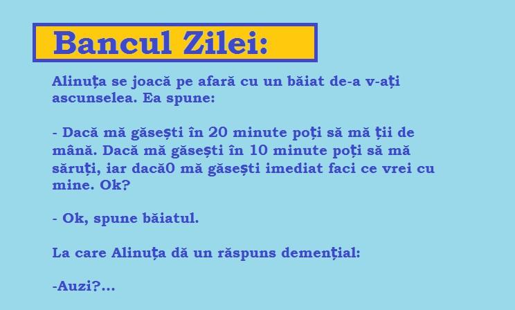 Bancul zilei: Alinuța se joacă de-a v-ați ascunselea cu un băiat...