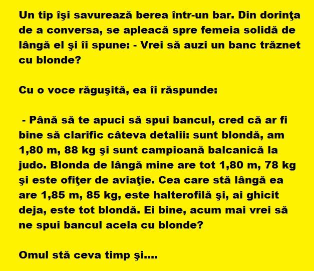 Bancul zilei: Un tip îşi savurează berea într-un bar. Din dorinţa de a conversa, se apleacă spre…