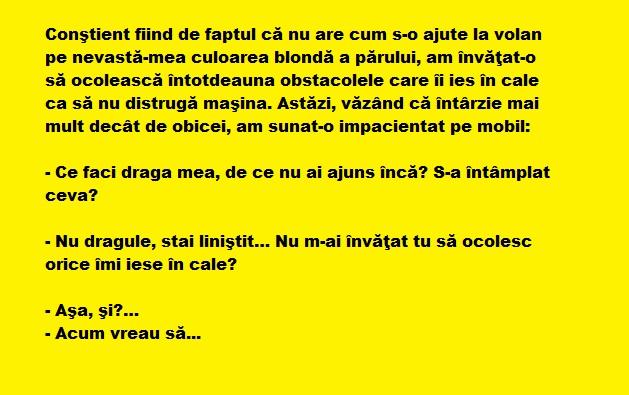 Bancul zilei: Conştient fiind de faptul că nu are cum s-o ajute la volan pe nevastă-mea culoarea blondă a părului, am învăţat-o să…