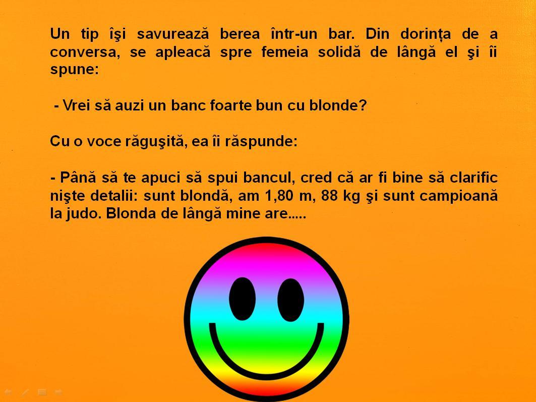 Bancul zilei: "Un tip îşi savurează berea într-un bar. Se apleacă spre o femeie de lângă el şi..."