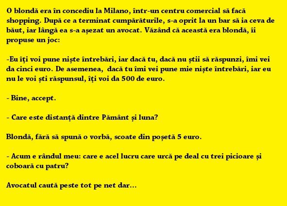 Bancul zilei: O blondă era în concediu, la Milano și se afla într-un bar, când lângă ea se așează un...