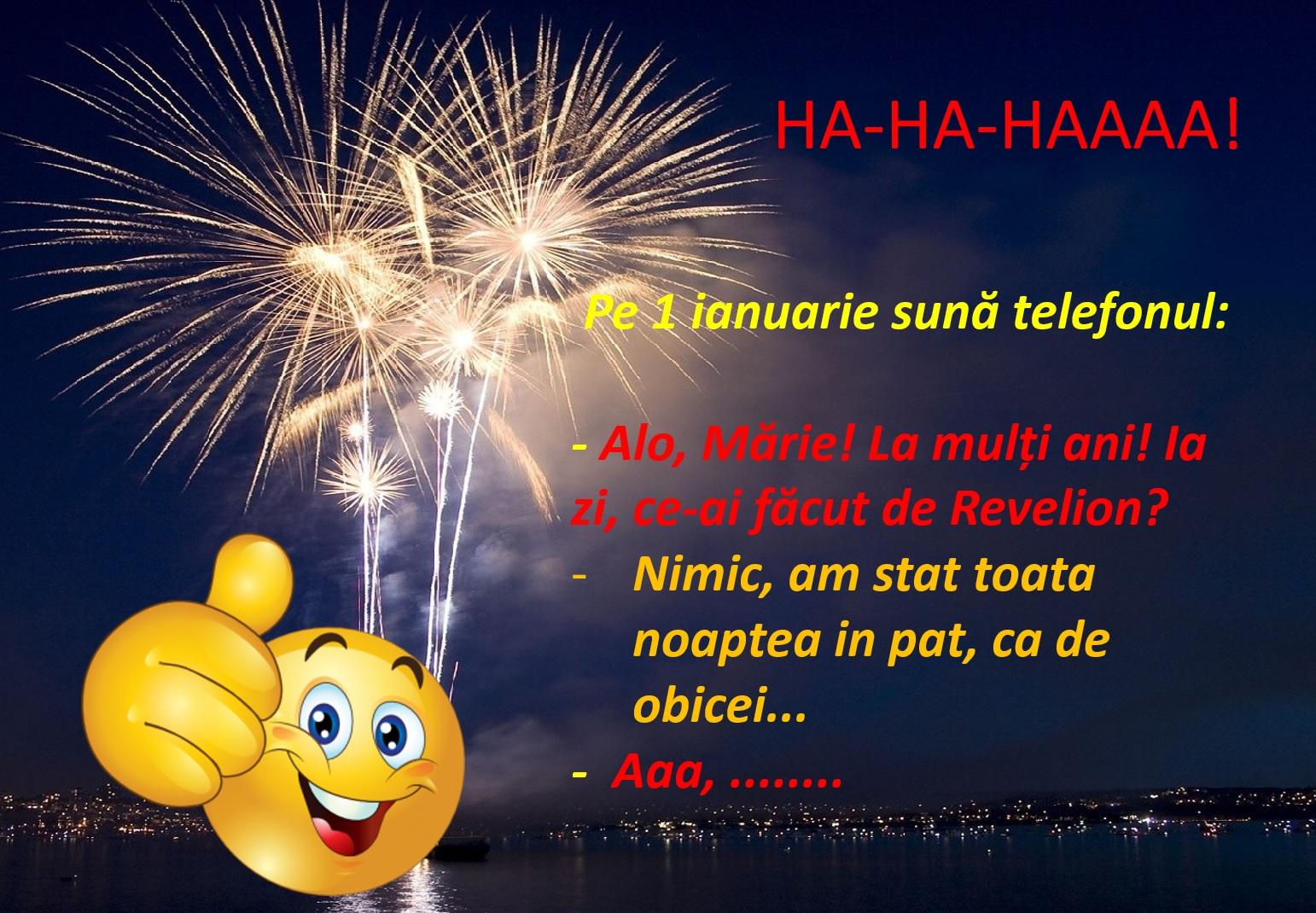 Bancul primei zile din Noul An! Pe 1 ianuarie sună telefonul: - Alo, Mărie! La mulți ani! Ia zi, ce-ai făcut de Revelion?