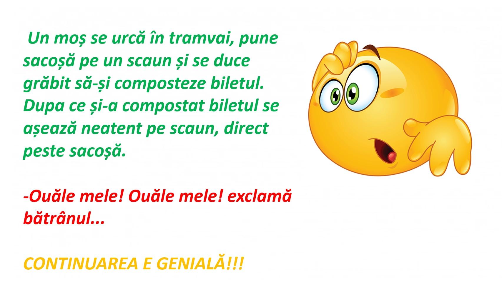 Bancul zilei! Un moș se urcă în tramvai și se așează pe scaun: Ouăle mele! Ouăle mele!