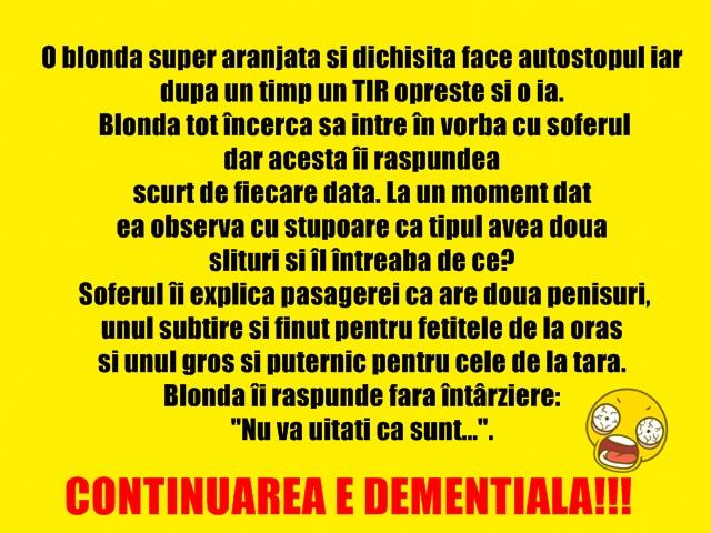 Bancul zilei: O blondă super aranjată şi dichisită face autostopul iar după un timp un TIR opreşte şi o ia
