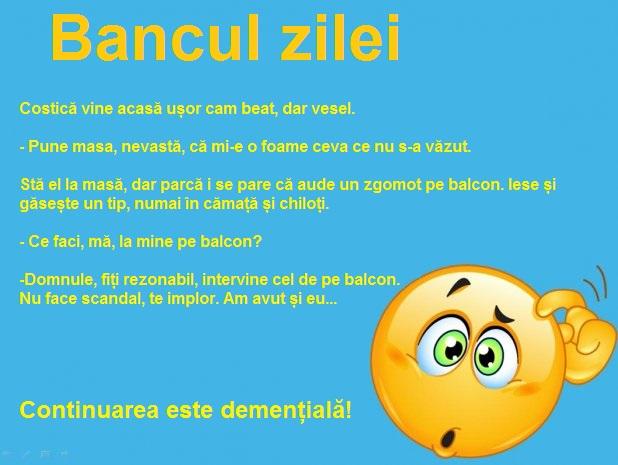 Bancul zilei: Costică stă liniștit la masă atunci când de pe balcon se aude ceva suspect...