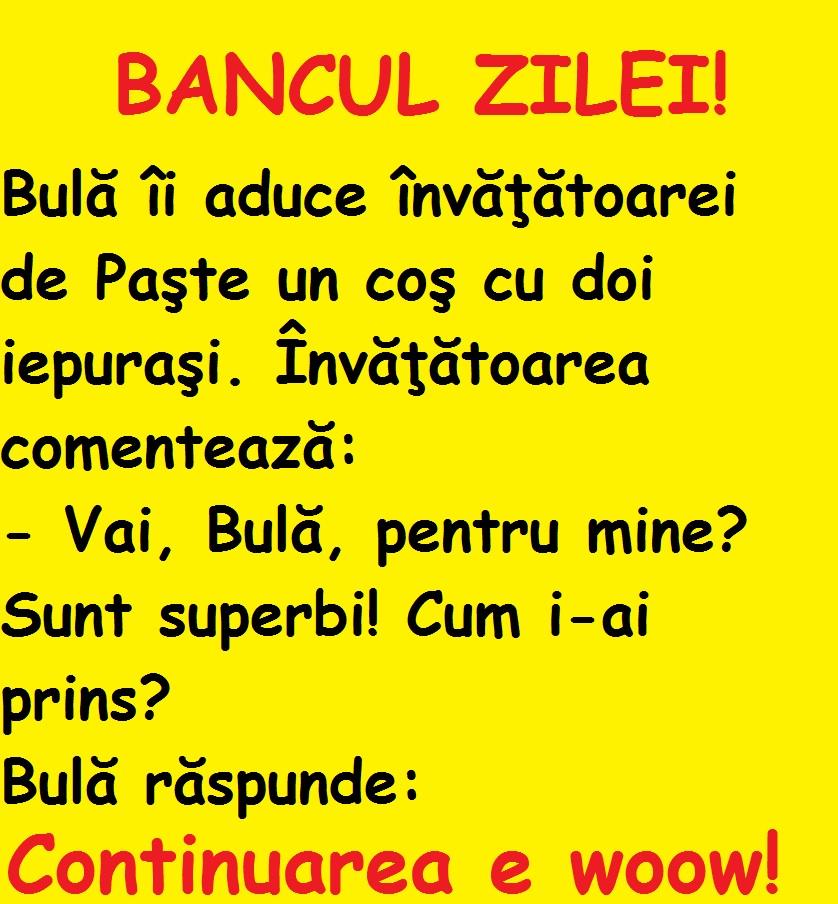 BANCUL ZILEI!   Bulă îi aduce învăţătoarei de Paşte un coş cu doi iepuraşi...