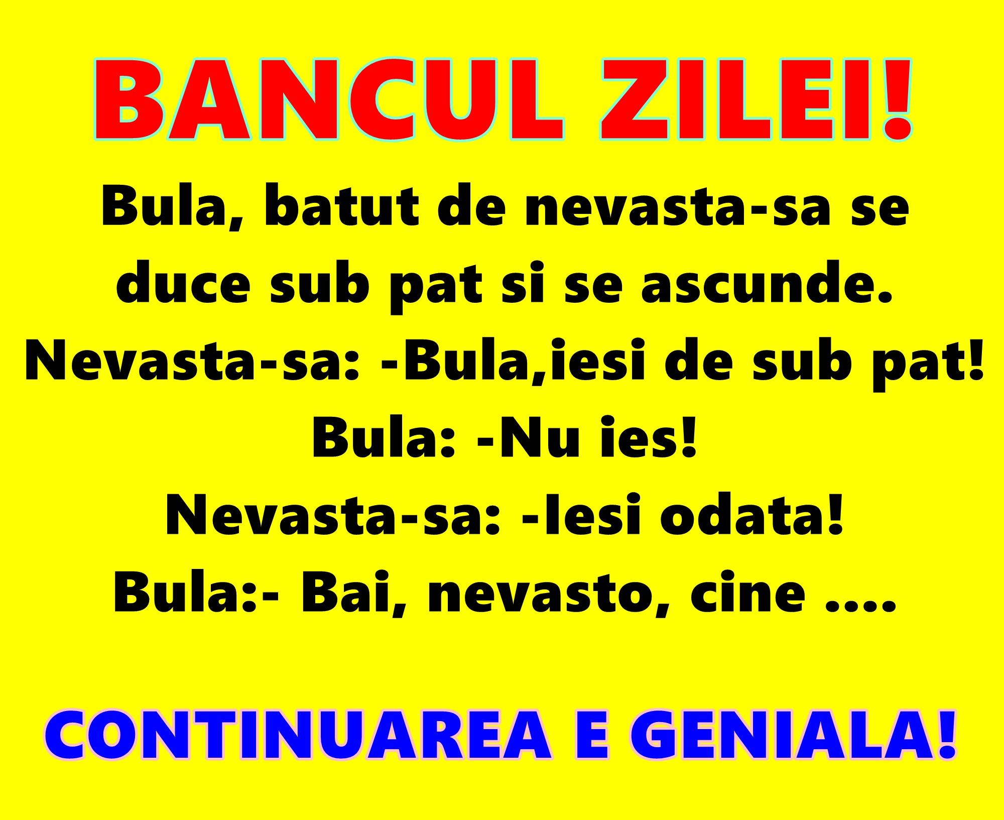 Bancul zilei: Bulă, bătut de nevastă-sa se duce sub pat şi se ascunde...