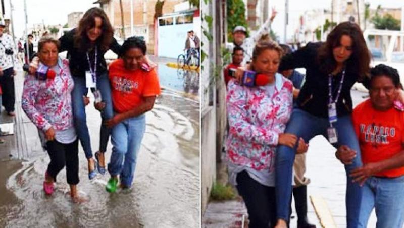 O jurnalistă a fost cărată de doi localnici, în timpul unor inundații! Motivul? Nu a vrut să își ude pantofii scumpi. Imaginile au aprins Internetul