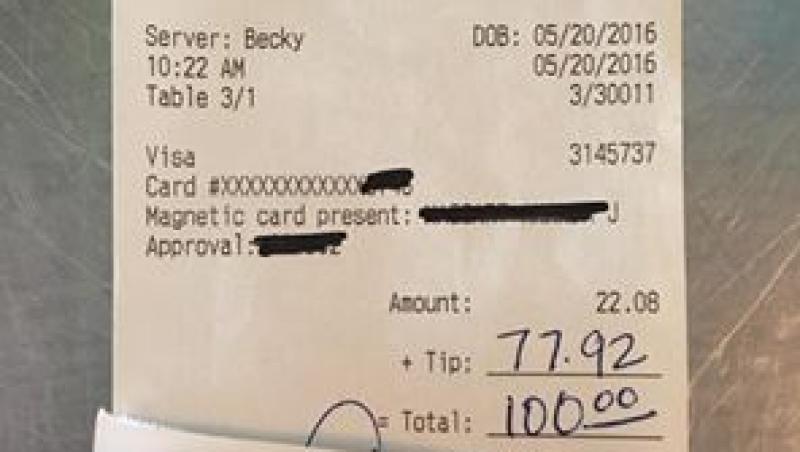 Un client i-a scris chelneriței pe bon cel mai neașteptat mesaj posibil! Surpriza a fost de proporții când femeia a văzut ce i-a lăsat bărbatul pe masă!