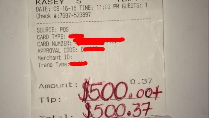 Un chelner a primit 500 de dolari bacșiș, la o notă de plată de doar.. 0,37 dolari. Motivul este unul foarte emoționant