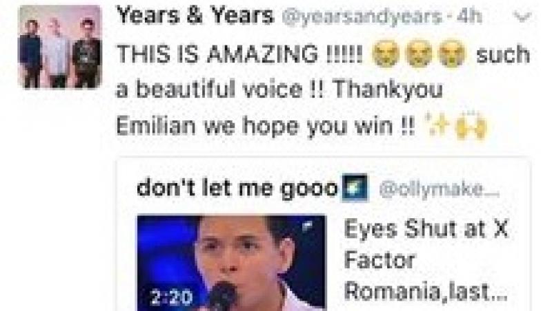 Succes uriaș! Membrii trupei ”Years&Years” l-au felicitat public pe Emilian Mihai, concurentul care le-a interpretat piesa la X Factor: ”Ai o voce extraodinară!”