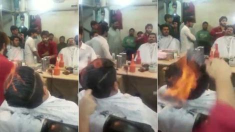 Un frizer a creat isterie, după ce și-a tuns clienții dându-le foc (VIDEO)