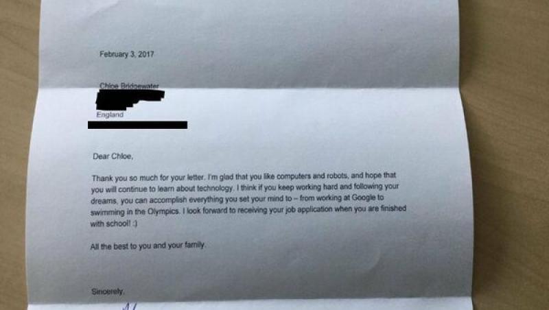 Are șapte ani și a aplicat pentru un job la Google. Ce scrisoare a primit o fetiță de la directorul general al companiei: 