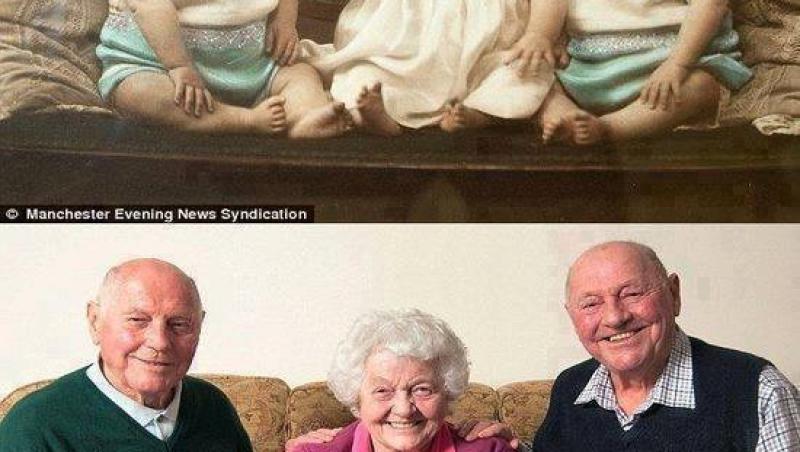 Trei frați tripleți fotografiați la naștere și apoi la... 80 de ani distanță. Au suflat împreună într-un tort!