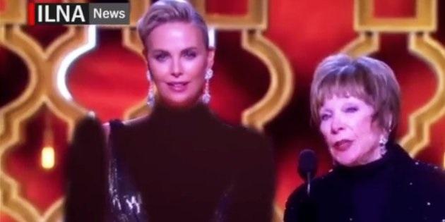 Decolteul de la Oscar, acoperit &icirc;n Photoshop și difuzat la tv! Charlize Theron, &rdquo;re&icirc;mbrăcată&rdquo; &icirc;ntr-o manieră grosolană de cenzura iraniană (VIDEO)