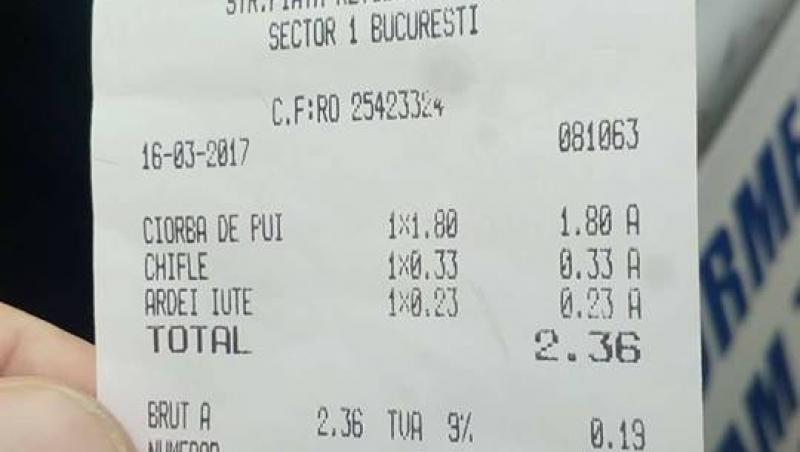 VIRAL! Poliţistul Marian Godină a postat pe net un bon fiscal de la cantina MAI: Nimărui nu i-a venit să creadă cât a plătit pe o ciorbă, o chiflă și un ardei iute!