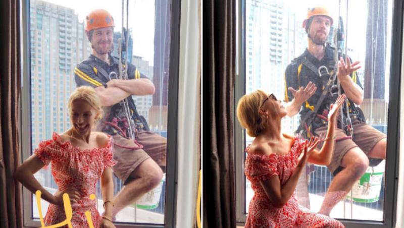 Kylie Minogue, întâlnire de gradul de zero, la fereastră. Un alpinist utilitar, care curăța gemurile unui hotel, 